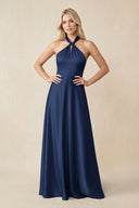 Halter Neck Satin A - Line Bridesmaid Gown with Bow in Navy - SHE IS ME Bridesmaid Dresses