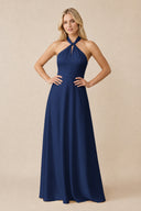 Halter Neck Satin A-Line Bridesmaid Gown with Bow in Navy | KISSBRIDAL
