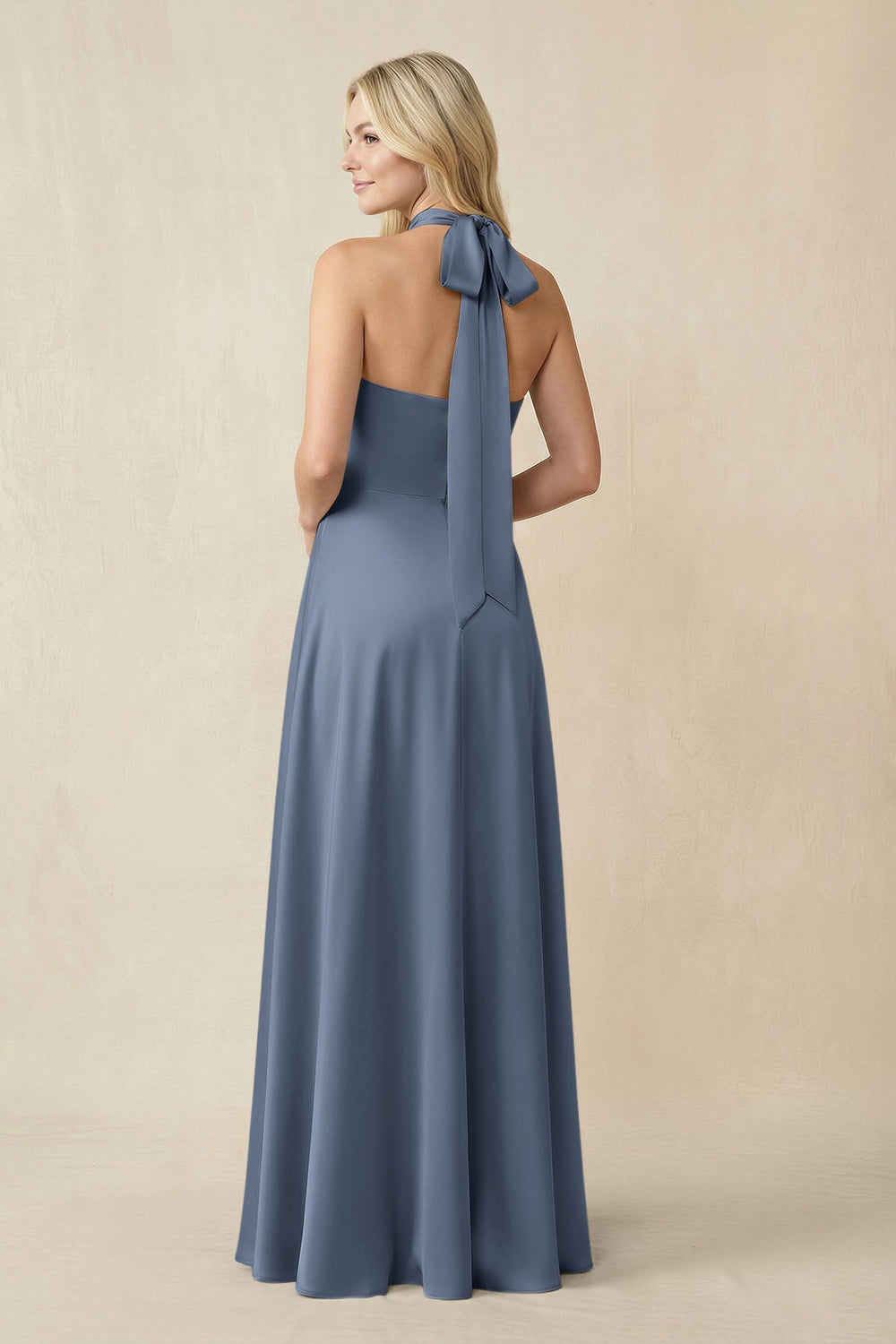 Halter Neck Satin A - Line Bridesmaid Gown with Bow in Neptune - KISS BRIDAL Bridesmaid Dresses