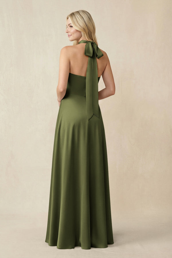 Halter Neck Satin A - Line Bridesmaid Gown with Bow in Olive - SHE IS ME Bridesmaid Dresses