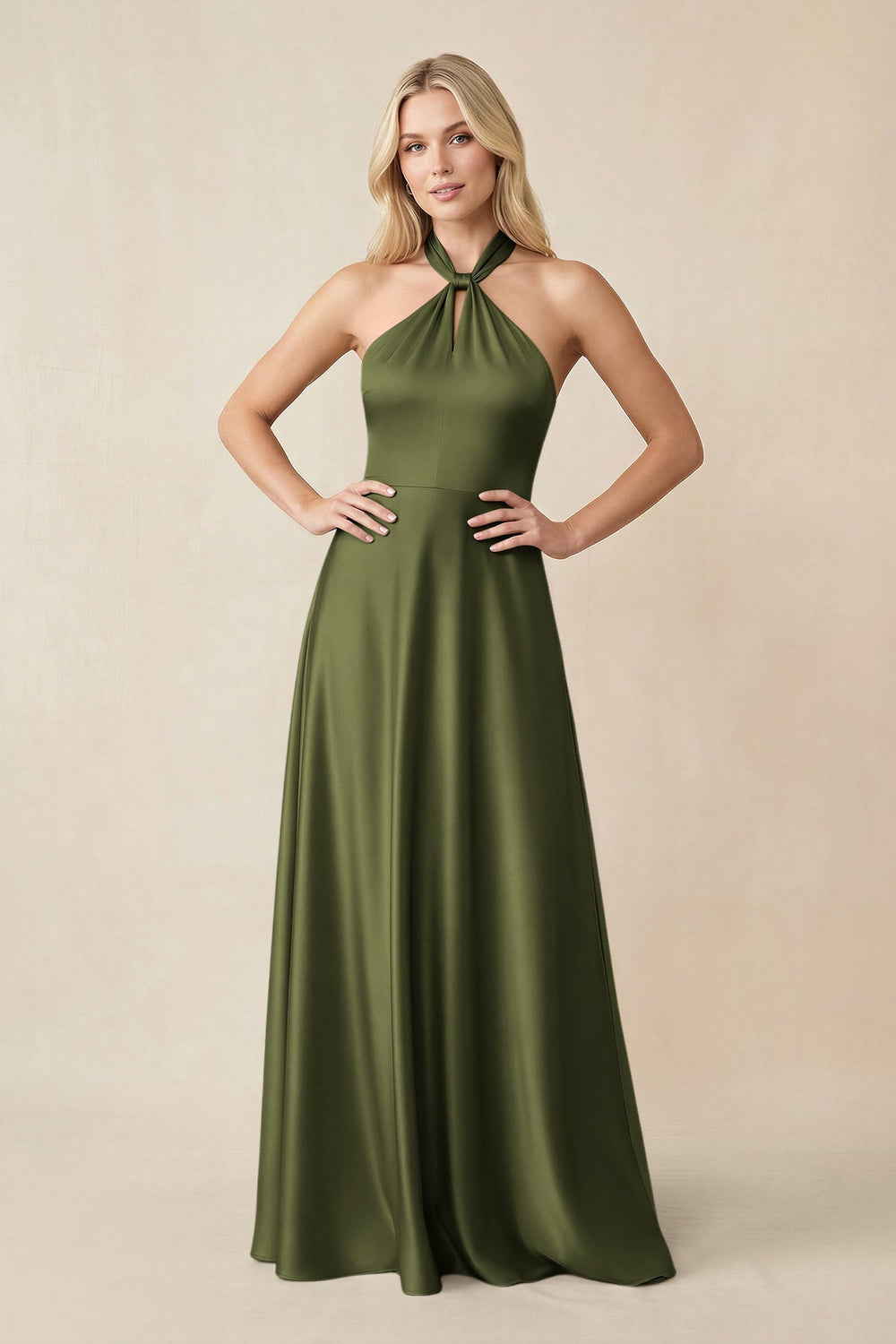 Halter Neck Satin A - Line Bridesmaid Gown with Bow in Olive - KISS BRIDAL Bridesmaid Dresses