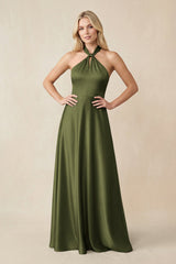 Halter Neck Satin A - Line Bridesmaid Gown with Bow in Olive - KISS BRIDAL Bridesmaid Dresses