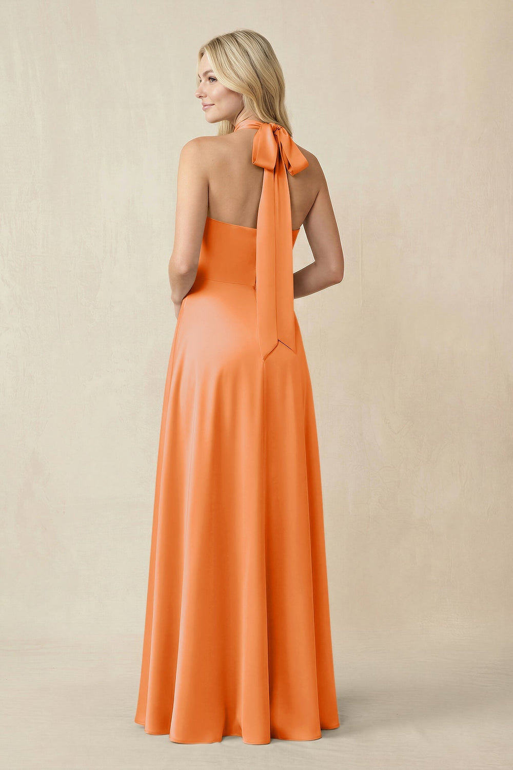 Halter Neck Satin A - Line Bridesmaid Gown with Bow in Orange - KISS BRIDAL Bridesmaid Dresses