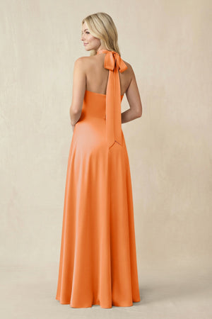 Halter Neck Satin A - Line Bridesmaid Gown with Bow in Orange - KISS BRIDAL Bridesmaid Dresses