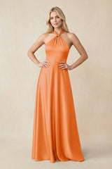 Halter Neck Satin A - Line Bridesmaid Gown with Bow in Orange - KISS BRIDAL Bridesmaid Dresses