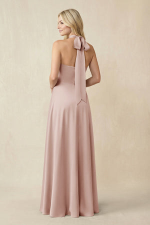 Halter Neck Satin A - Line Bridesmaid Gown with Bow in Pale Blush - KISS BRIDAL Bridesmaid Dresses