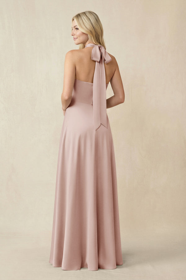 Halter Neck Satin A - Line Bridesmaid Gown with Bow in Pale Blush - KISS BRIDAL Bridesmaid Dresses