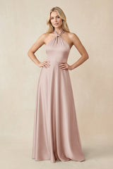 Halter Neck Satin A - Line Bridesmaid Gown with Bow in Pale Blush - KISS BRIDAL Bridesmaid Dresses