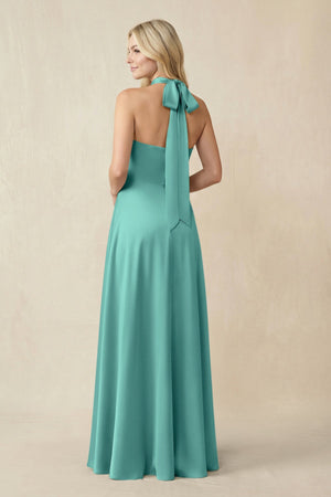 Halter Neck Satin A - Line Bridesmaid Gown with Bow in Pale Pistachio - KISS BRIDAL Bridesmaid Dresses
