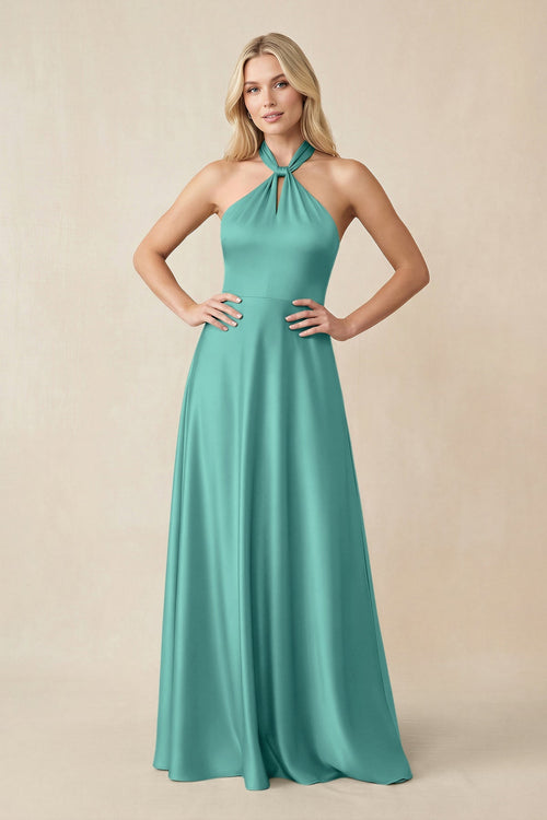 Halter Neck Satin A - Line Bridesmaid Gown with Bow in Pale Pistachio - KISS BRIDAL Bridesmaid Dresses