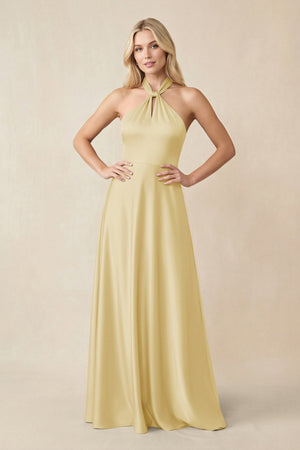 Halter Neck Satin A - Line Bridesmaid Gown with Bow in Pastel Yellow - KISS BRIDAL Bridesmaid Dresses