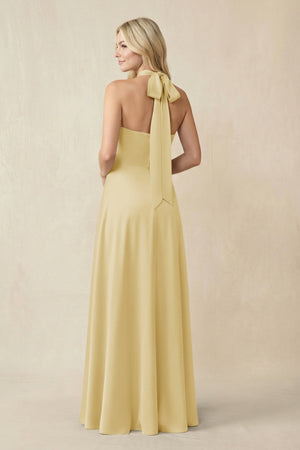 Halter Neck Satin A - Line Bridesmaid Gown with Bow in Pastel Yellow - KISS BRIDAL Bridesmaid Dresses