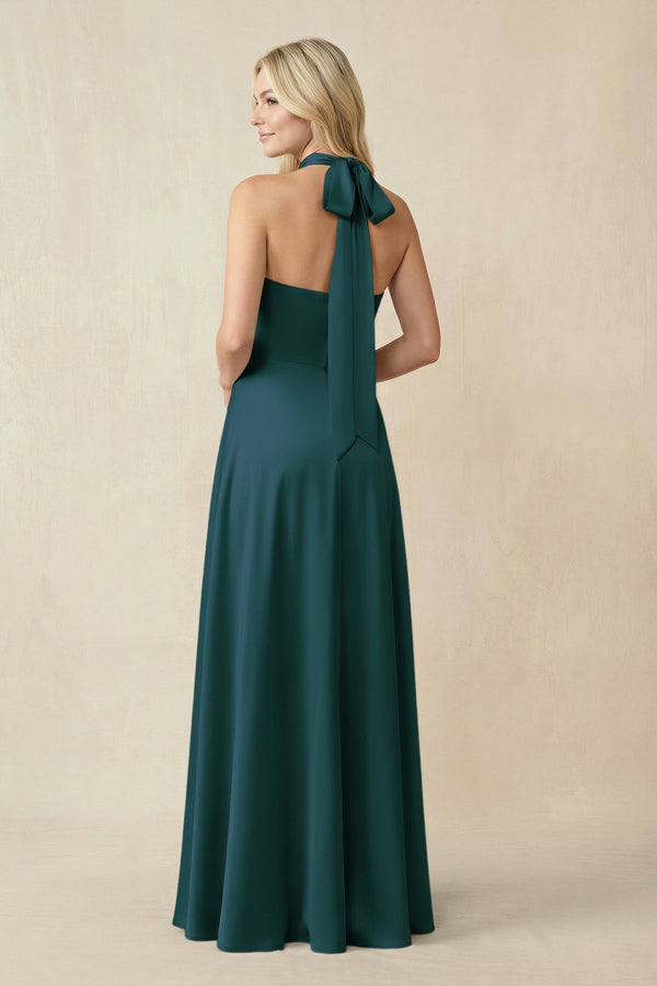 Halter Neck Satin A - Line Bridesmaid Gown with Bow in Pine - SHE IS ME Bridesmaid Dresses