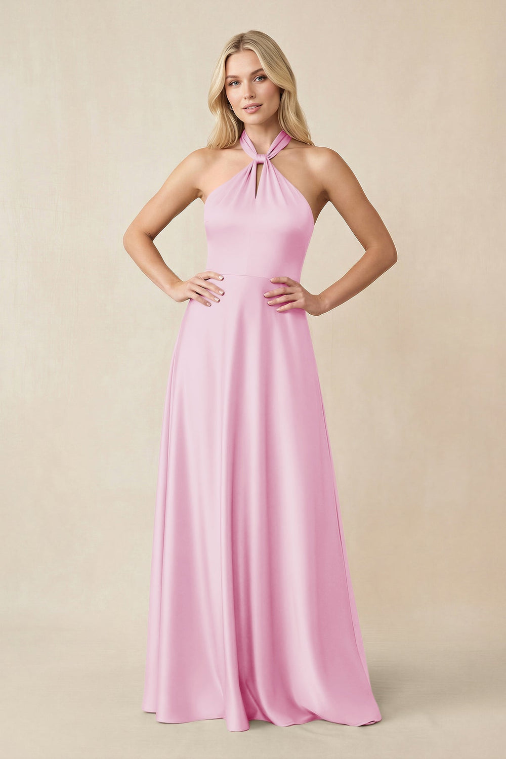 Halter Neck Satin A - Line Bridesmaid Gown with Bow in Pink - KISS BRIDAL Bridesmaid Dresses