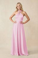 Halter Neck Satin A - Line Bridesmaid Gown with Bow in Pink - KISS BRIDAL Bridesmaid Dresses