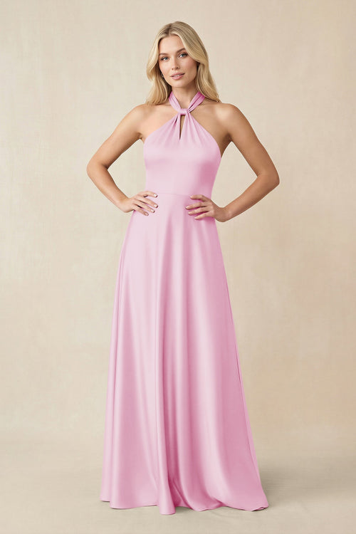 Halter Neck Satin A - Line Bridesmaid Gown with Bow in Pink - KISS BRIDAL Bridesmaid Dresses