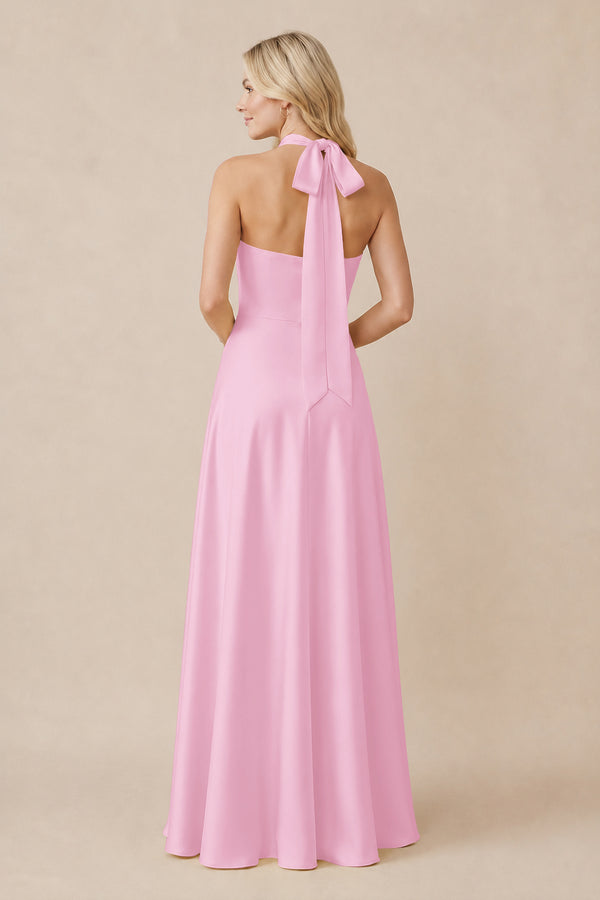 Halter Neck Satin A-Line Bridesmaid Gown with Bow in Pink (2) | KISSBRIDAL