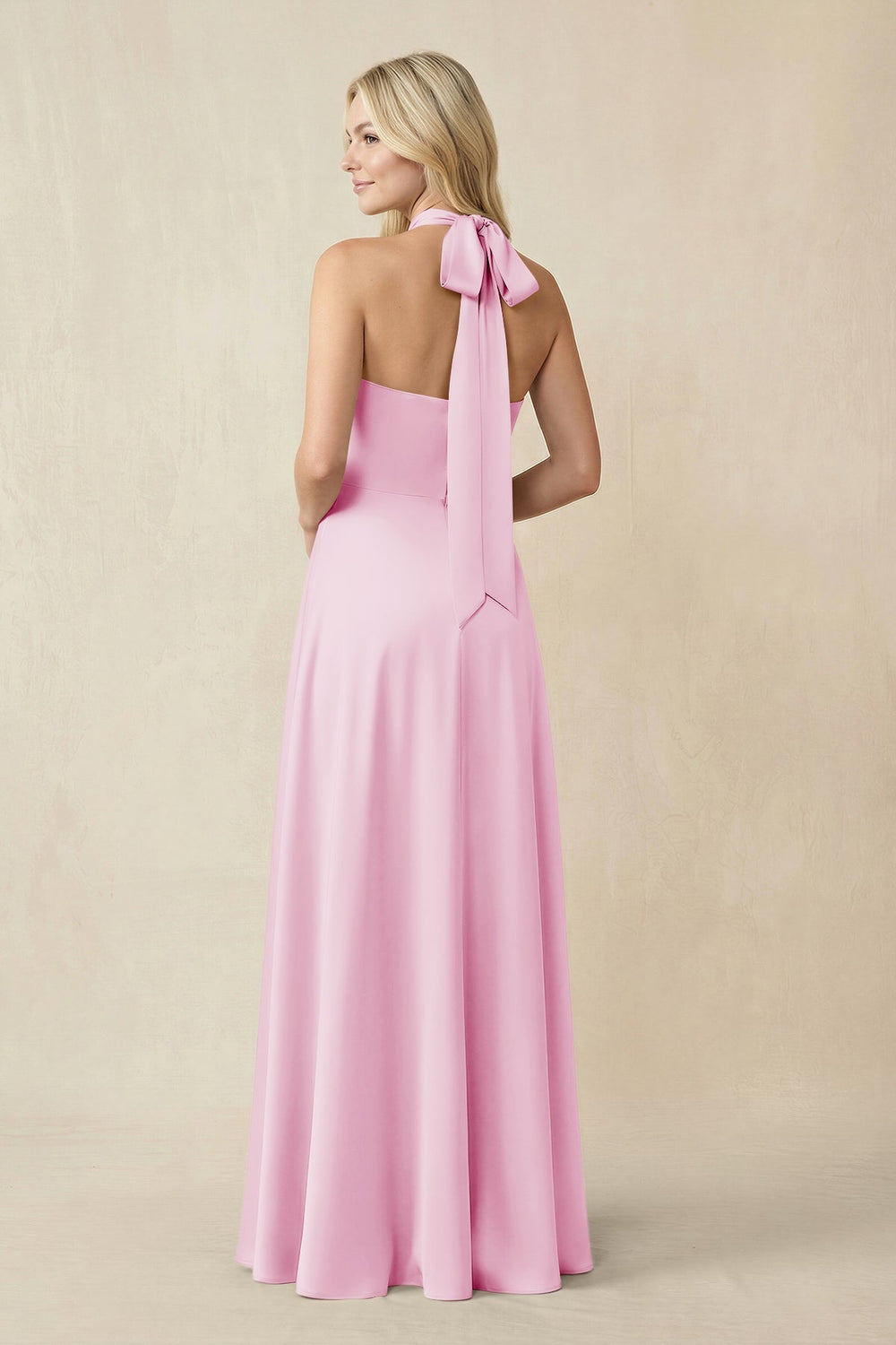 Halter Neck Satin A - Line Bridesmaid Gown with Bow in Pink - KISS BRIDAL Bridesmaid Dresses