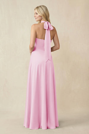 Halter Neck Satin A - Line Bridesmaid Gown with Bow in Pink - KISS BRIDAL Bridesmaid Dresses