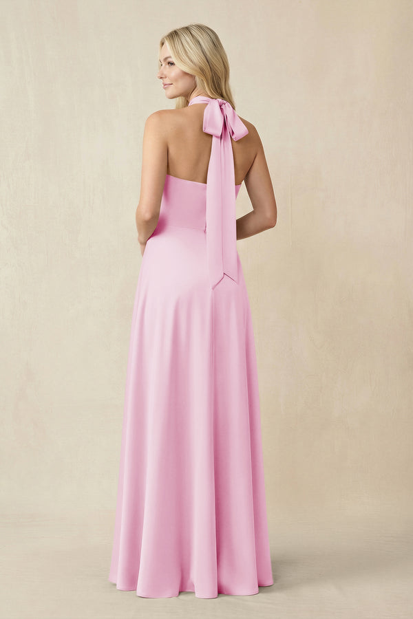 Halter Neck Satin A - Line Bridesmaid Gown with Bow in Pink - KISS BRIDAL Bridesmaid Dresses