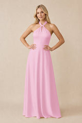 Halter Neck Satin A-Line Bridesmaid Gown with Bow in Pink | KISSBRIDAL