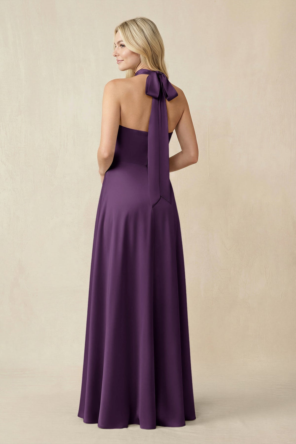Halter Neck Satin A - Line Bridesmaid Gown with Bow in Plum - KISS BRIDAL Bridesmaid Dresses