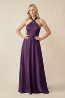 Halter Neck Satin A - Line Bridesmaid Gown with Bow in Plum - KISS BRIDAL Bridesmaid Dresses
