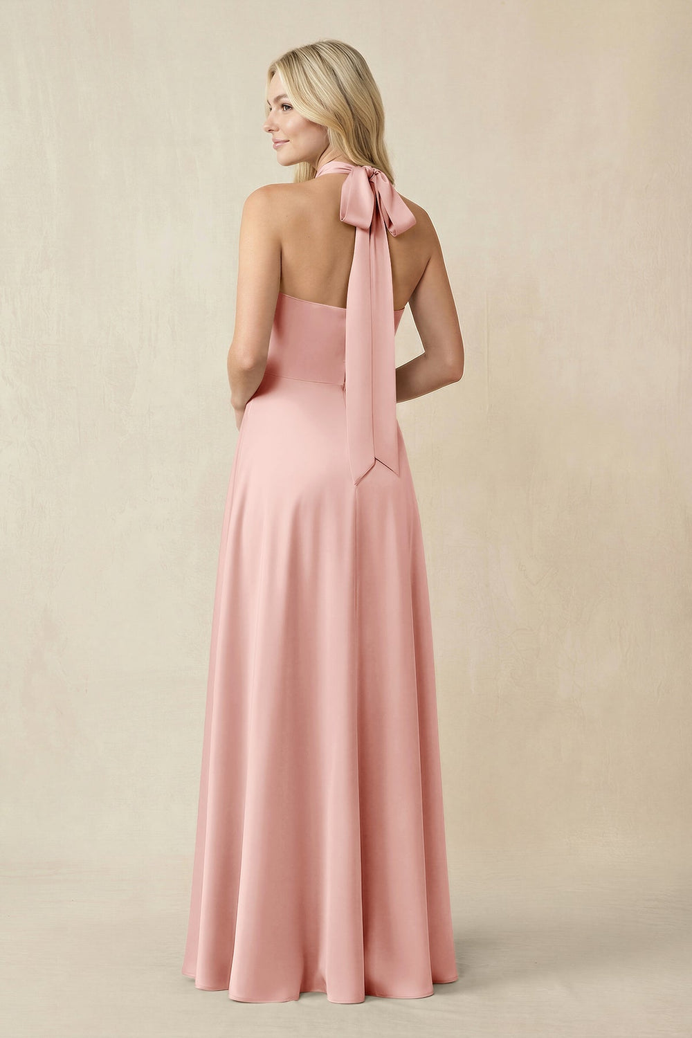 Halter Neck Satin A - Line Bridesmaid Gown with Bow in Rose Petal - KISS BRIDAL Bridesmaid Dresses