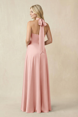 Halter Neck Satin A - Line Bridesmaid Gown with Bow in Rose Petal - KISS BRIDAL Bridesmaid Dresses