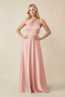 Halter Neck Satin A - Line Bridesmaid Gown with Bow in Rose Petal - KISS BRIDAL Bridesmaid Dresses