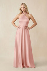 Halter Neck Satin A - Line Bridesmaid Gown with Bow in Rose Petal - KISS BRIDAL Bridesmaid Dresses