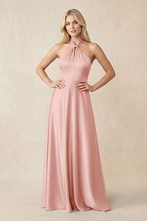 Halter Neck Satin A - Line Bridesmaid Gown with Bow in Rose Petal - KISS BRIDAL Bridesmaid Dresses
