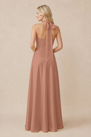 Halter Neck Satin A-Line Bridesmaid Gown with Bow in Rosette (2) | KISSBRIDAL