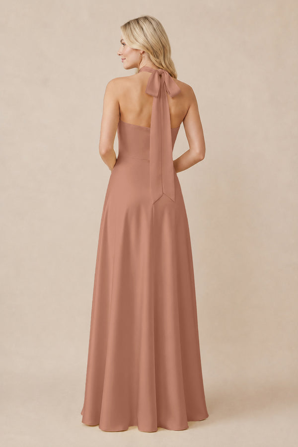Halter Neck Satin A-Line Bridesmaid Gown with Bow in Rosette (2) | KISSBRIDAL