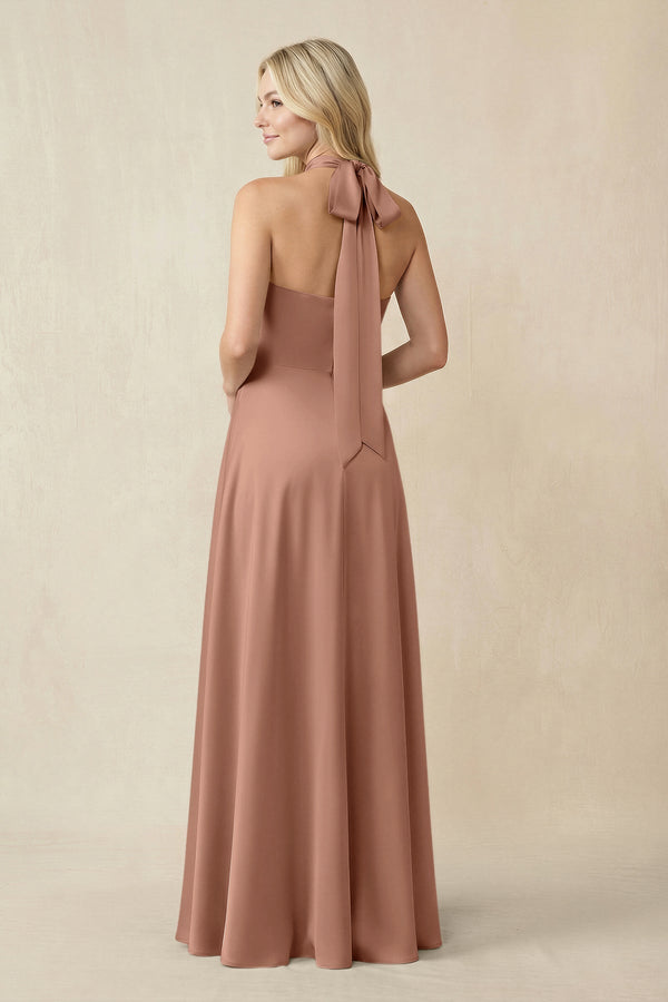 Halter Neck Satin A - Line Bridesmaid Gown with Bow in Rosette - SHE IS ME Bridesmaid Dresses