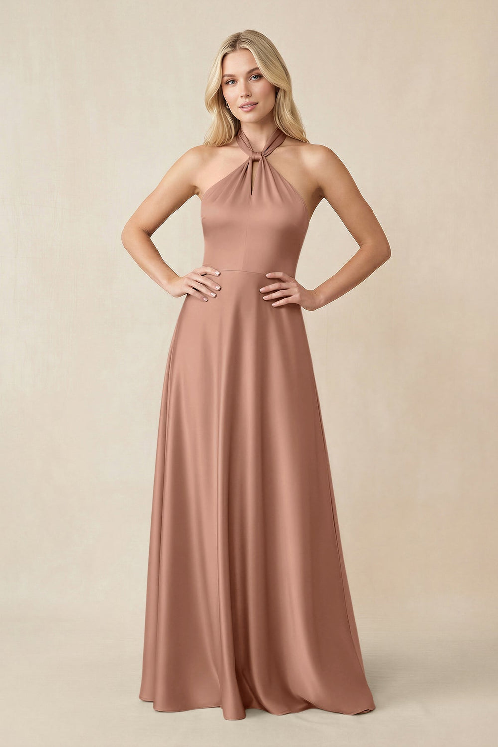 Halter Neck Satin A - Line Bridesmaid Gown with Bow in Rosette - KISS BRIDAL Bridesmaid Dresses