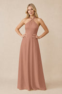 Halter Neck Satin A-Line Bridesmaid Gown with Bow in Rosette | KISSBRIDAL