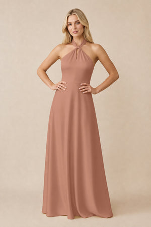 Halter Neck Satin A-Line Bridesmaid Gown with Bow in Rosette | KISSBRIDAL
