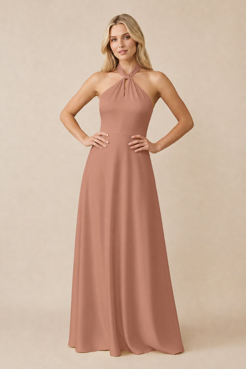 Halter Neck Satin A-Line Bridesmaid Gown with Bow in Rosette | KISSBRIDAL