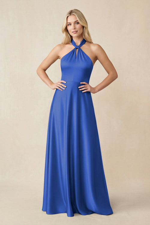 Halter Neck Satin A - Line Bridesmaid Gown with Bow in Royal Blue - KISS BRIDAL Bridesmaid Dresses