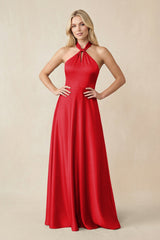 Halter Neck Satin A - Line Bridesmaid Gown with Bow in Ruby Red - KISS BRIDAL Bridesmaid Dresses