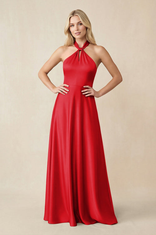 Halter Neck Satin A - Line Bridesmaid Gown with Bow in Ruby Red - SHE IS ME Bridesmaid Dresses