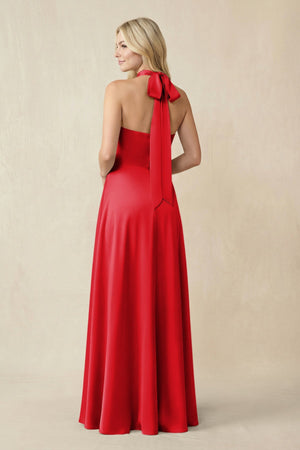 Halter Neck Satin A - Line Bridesmaid Gown with Bow in Ruby Red - SHE IS ME Bridesmaid Dresses