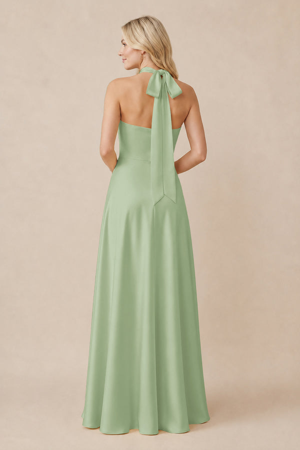 Halter Neck Satin A-Line Bridesmaid Gown with Bow in Sage (2) | KISSBRIDAL