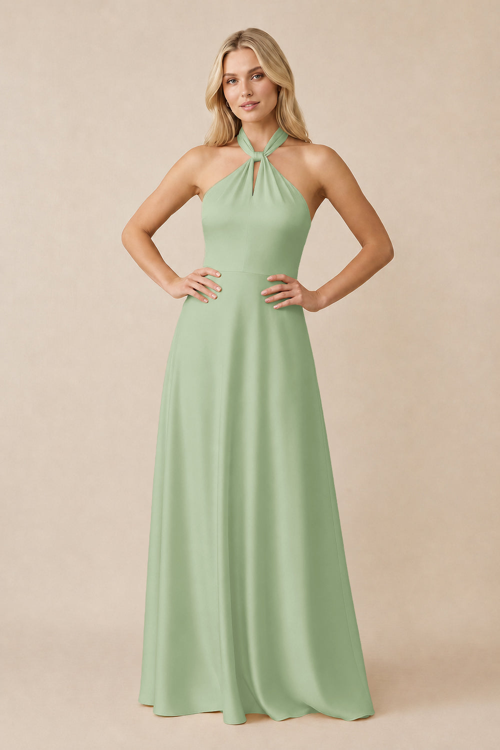 Halter Neck Satin A-Line Bridesmaid Gown with Bow in Sage