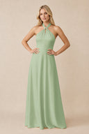 Halter Neck Satin A-Line Bridesmaid Gown with Bow in Sage | KISSBRIDAL