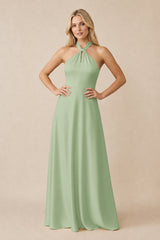Halter Neck Satin A-Line Bridesmaid Gown with Bow in Sage | KISSBRIDAL