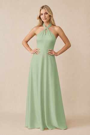 Halter Neck Satin A-Line Bridesmaid Gown with Bow in Sage | KISSBRIDAL