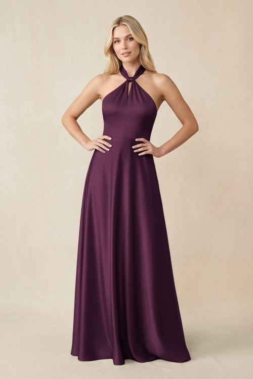 Halter Neck Satin A - Line Bridesmaid Gown with Bow in Sangria - KISS BRIDAL Bridesmaid Dresses