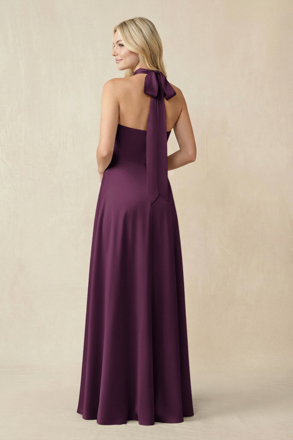 Halter Neck Satin A - Line Bridesmaid Gown with Bow in Sangria - KISS BRIDAL Bridesmaid Dresses